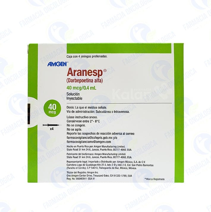 Foto del medicamento Aranesp 40 mcg sol inyectable, caja con 4 jeringas o Darbepoetina Alfa en venta