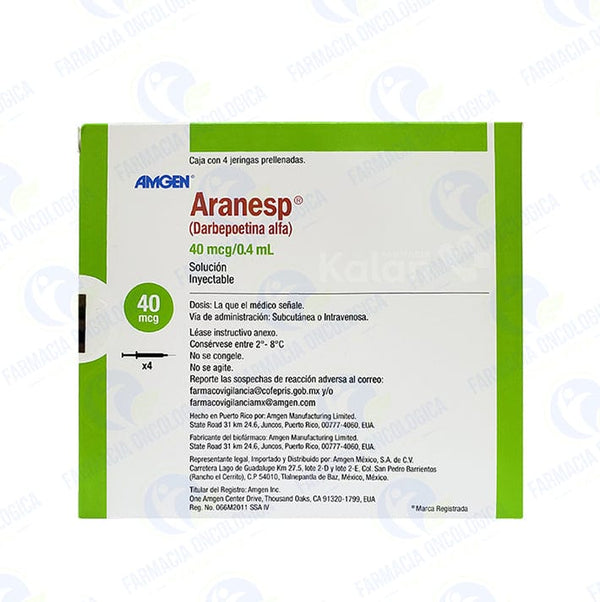 Foto del medicamento Aranesp 40 mcg sol inyectable, caja con 4 jeringas o Darbepoetina Alfa en venta