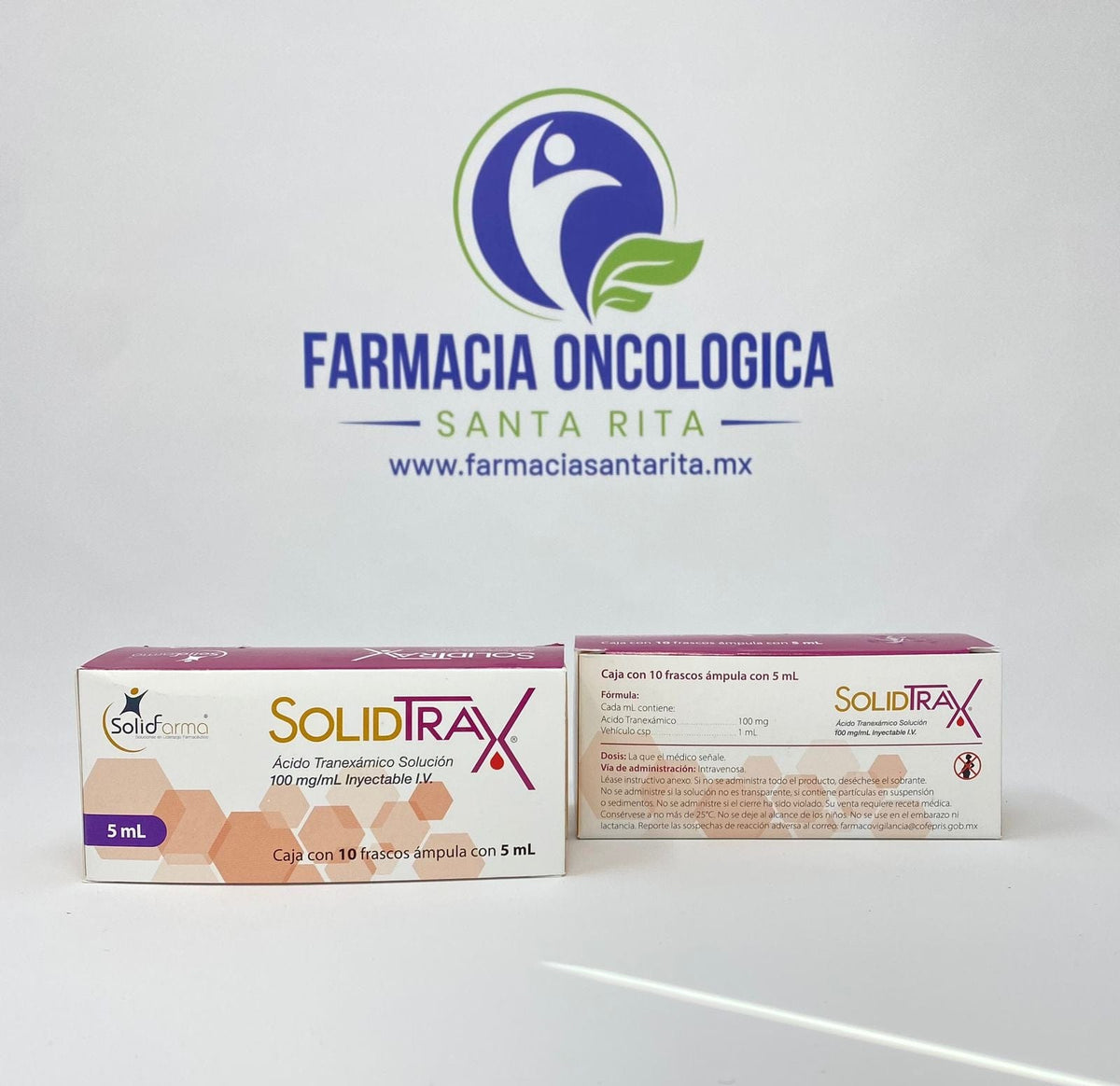 Foto del medicamento SolidTrax 500 mg / 5 mL caja con 10 frascos o Acido Tranexamico 500 mg en venta