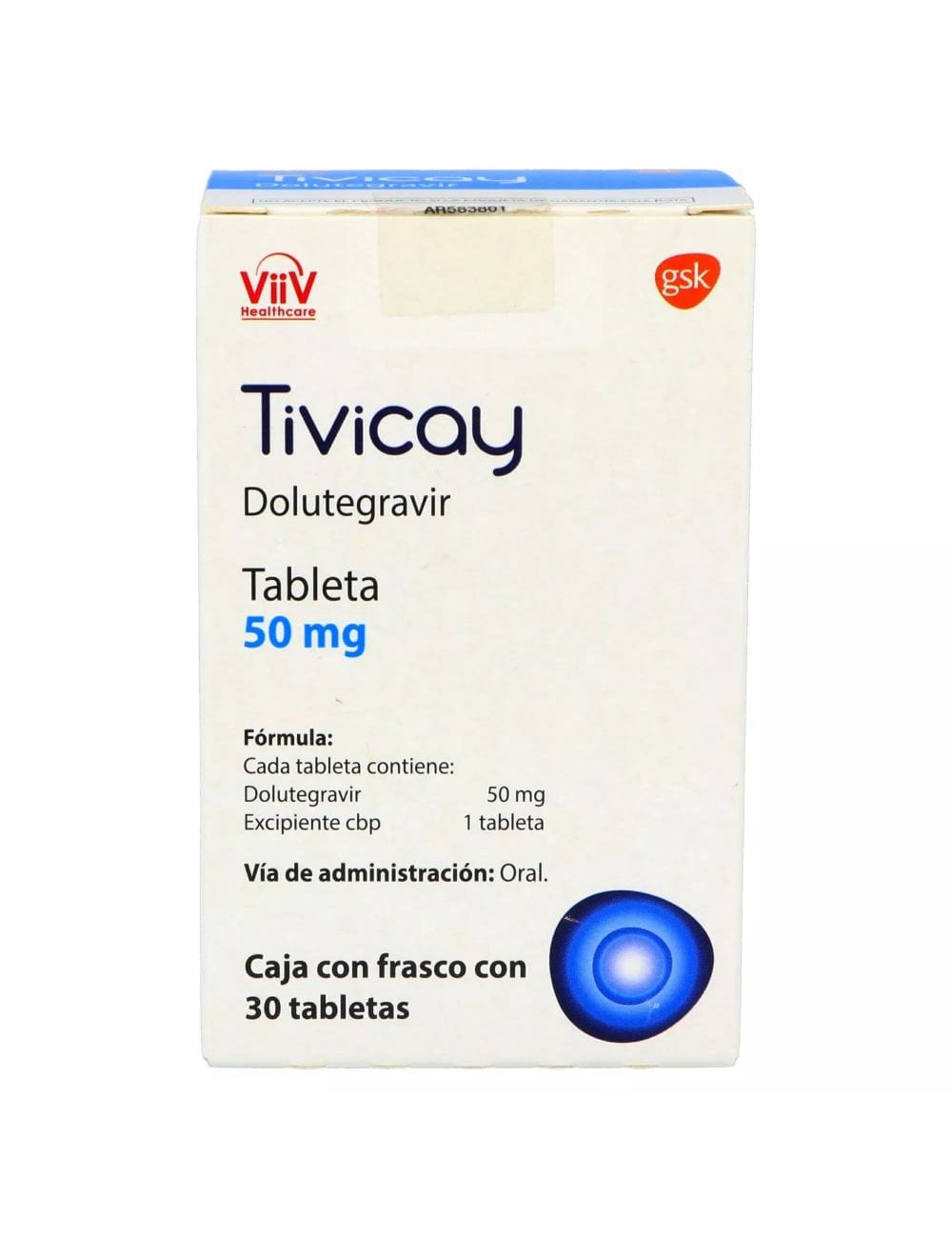 Foto del medicamento Tivicay 50 mg con 30 tabletas o Dolutegravir 50 mg con 30 tabletas en venta