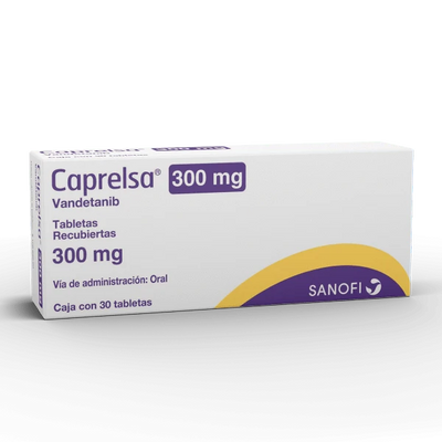 Foto del medicamento Caprelsa 300 mg con 30 tabletas o Vandetanib 300 mg con 30 tabletas en venta