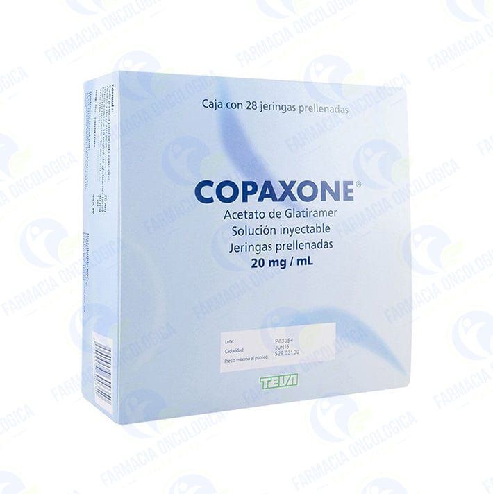 Foto del medicamento Copaxone 20 mg caja con 28 jeringas prellenadas (Glatiramer) en venta