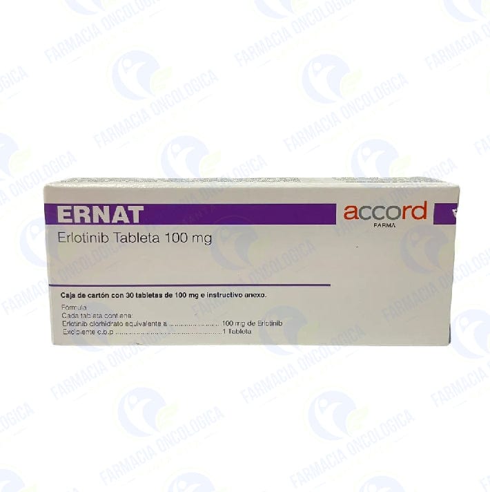 Foto del medicamento Ernat 100 mg con 30 tabletas o Erlotinib 100 mg con 30 tabletas en venta