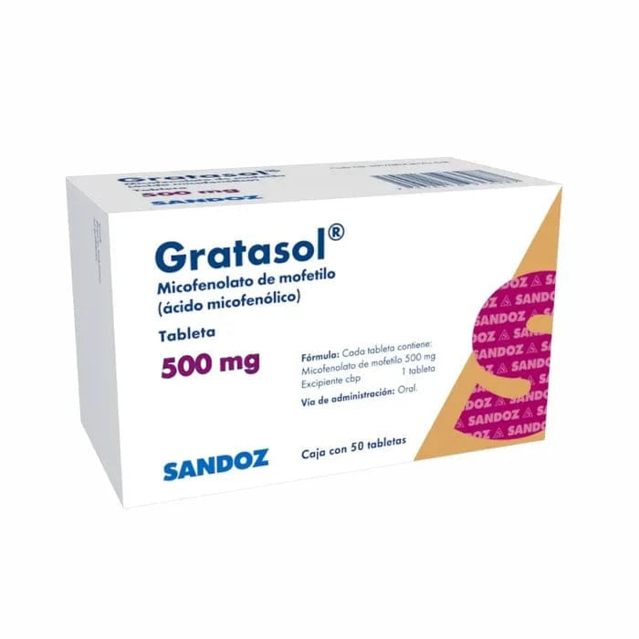 Foto del medicamento Gratasol 500 mg con 50 tabletas o Micofenolato de mofetilo 500mg en venta