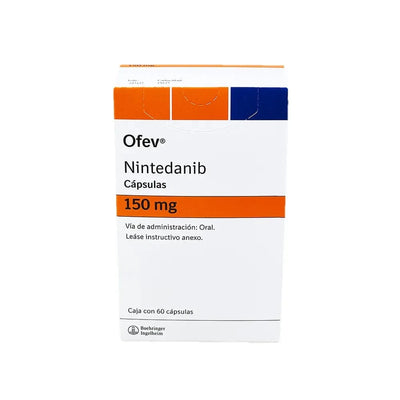 Foto del medicamento Ofev 150 mg con 60 capsulas o Nintedanib 150 mg con 60 capsulas en venta