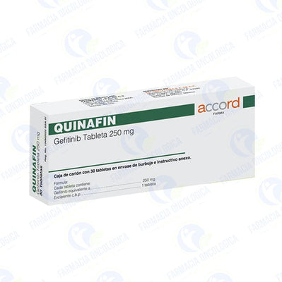 Foto del medicamento Quinafin 250 mg con 30 tabletas o Gefitinib 250 mg con 30 tabletas en venta