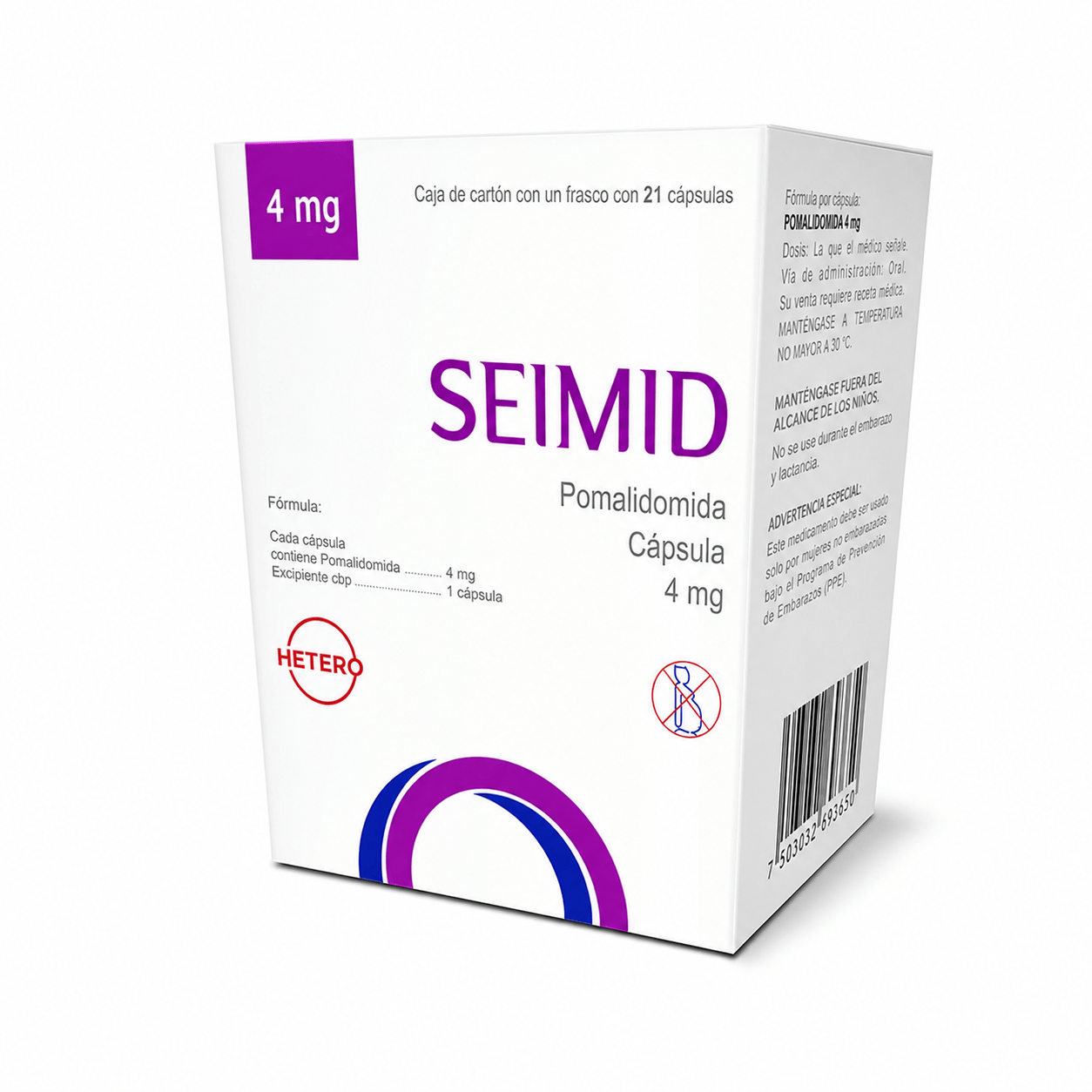 Medicamento seimid 4mg con 21 capsulas (pomalidomida) en venta.