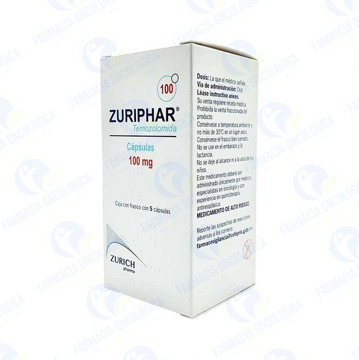 Foto del medicamento Zuriphar 100 mg con 5 capsulas o Temozolomida 100 mg con 5 capsulas en venta